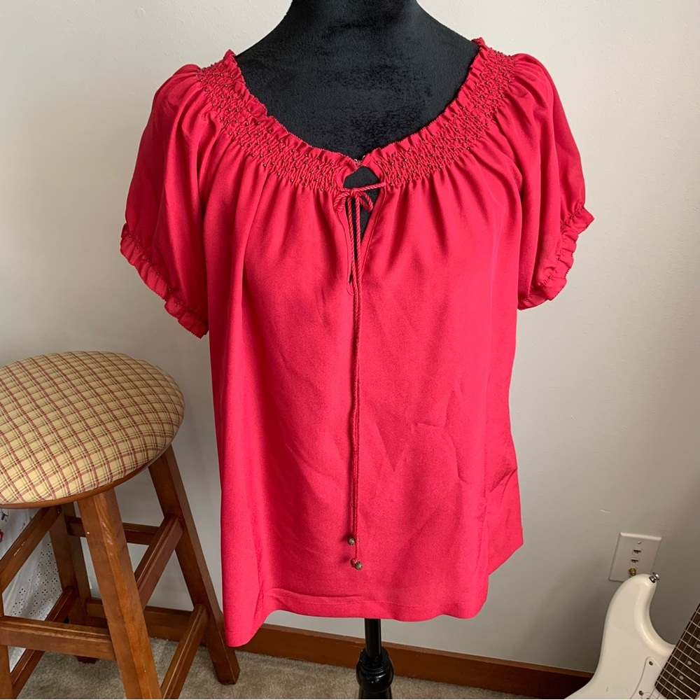 Red Smocked Blouse, short sleeve